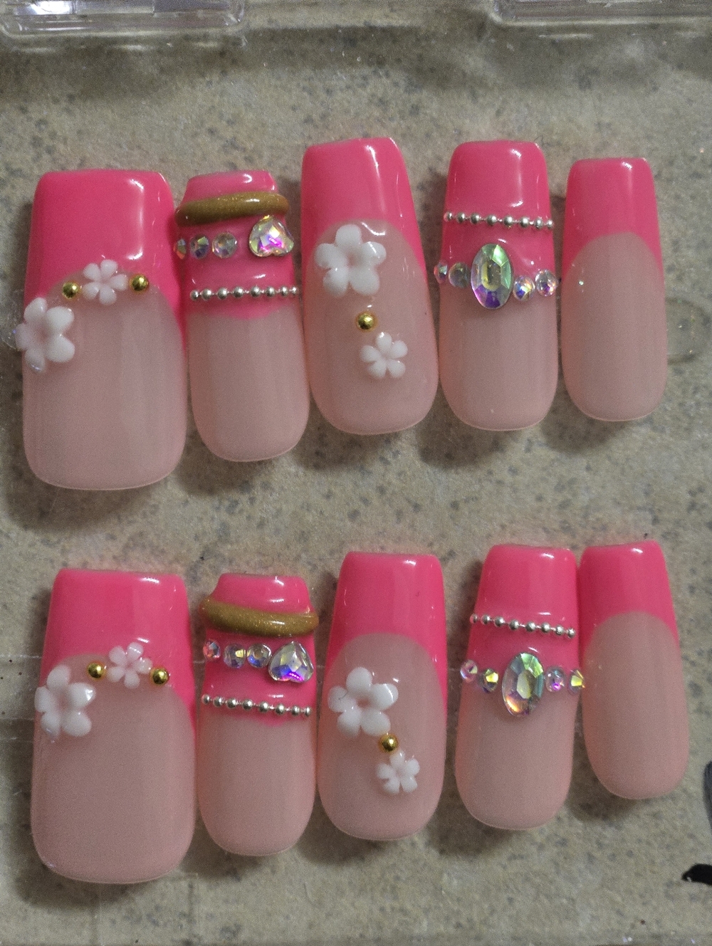 Hot Pink Floral Rhinestone Press On Nails,  Medium Length Square Shape